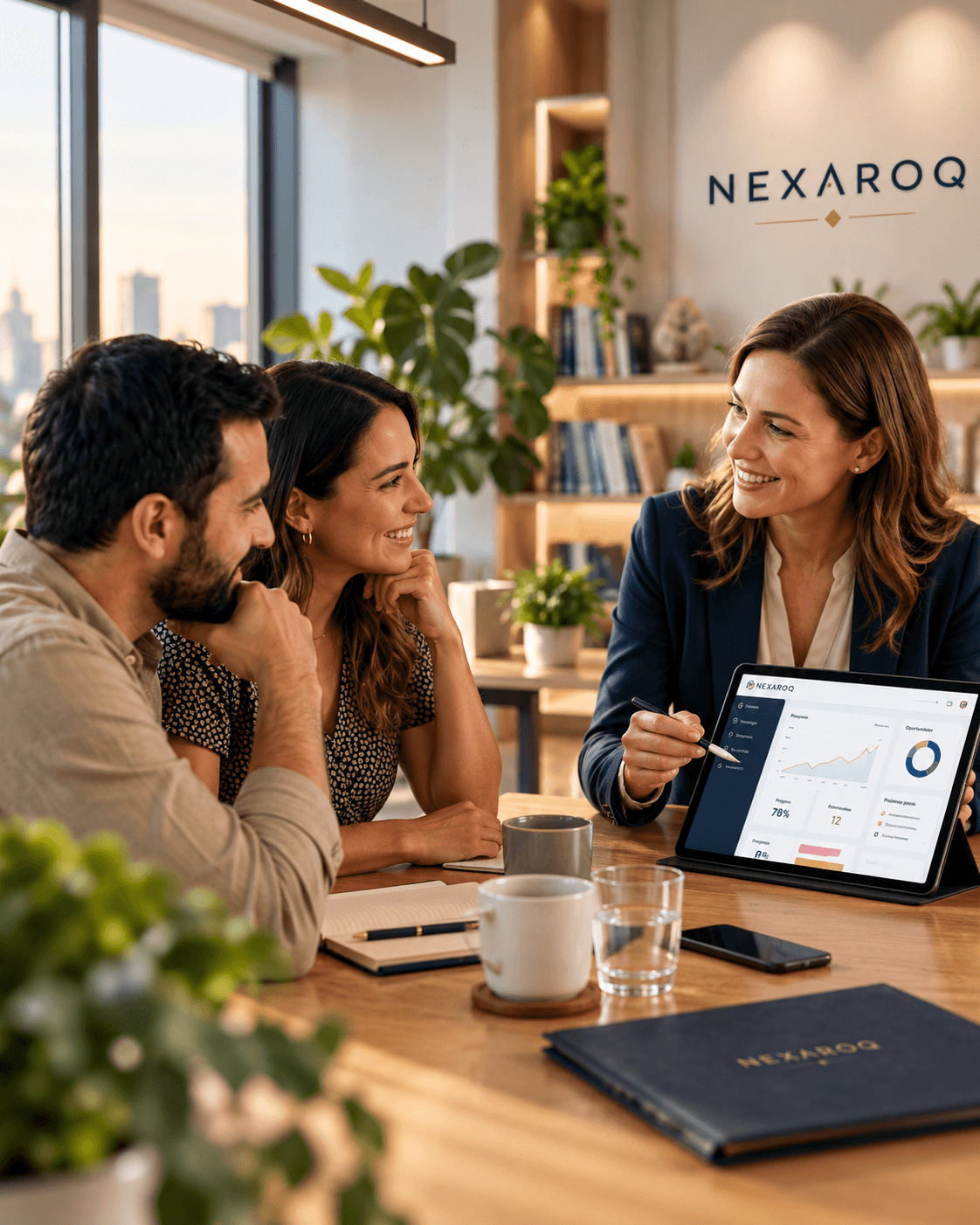 Consultora digital conversando con clientes en una reunión profesional