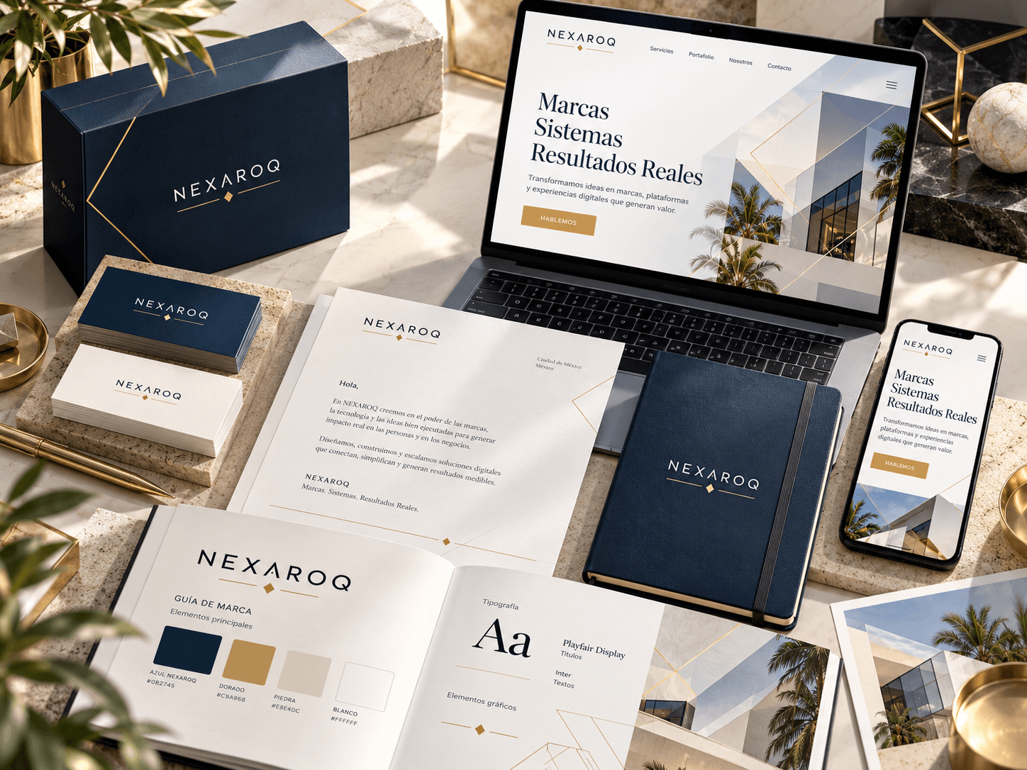 Visual conceptual de un sistema de identidad NEXAROQ